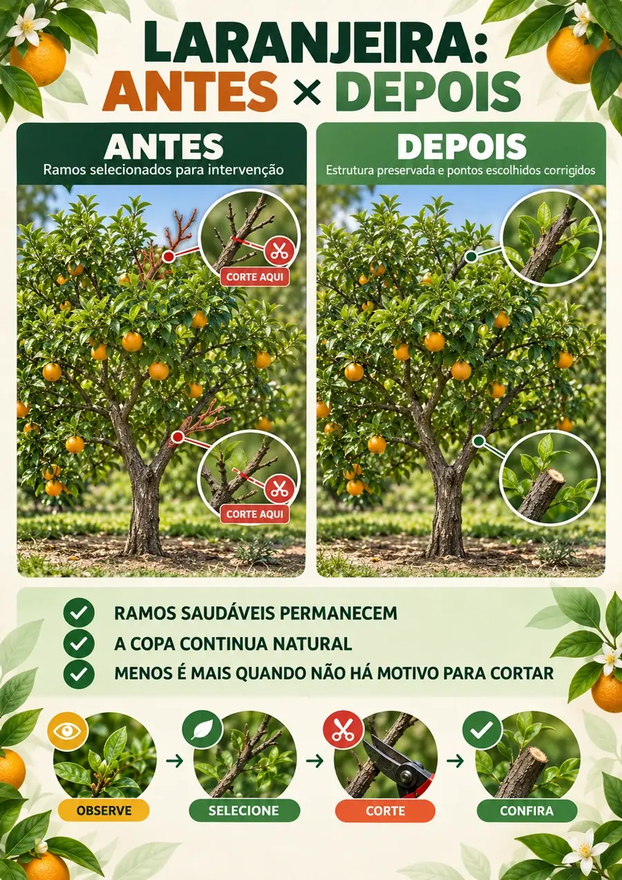 Página ilustrada mostrando uma laranjeira antes e depois da poda