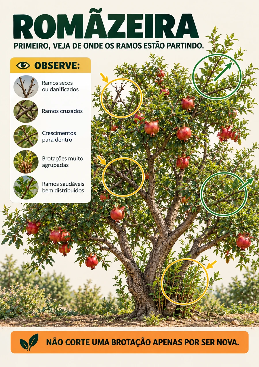 Página ilustrada mostrando o que observar em uma romãzeira
