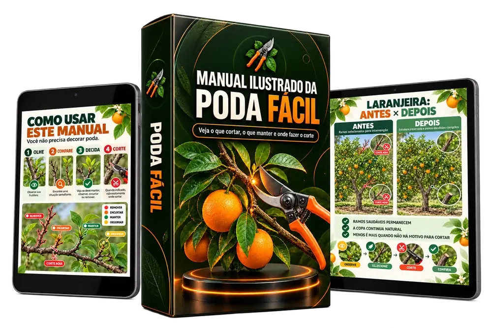 Manual Ilustrado da Poda Fácil acompanhado de duas telas com páginas do guia