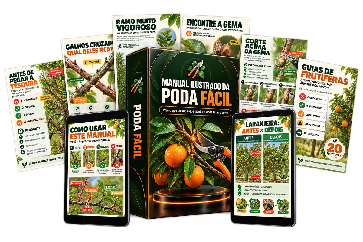 Manual Ilustrado da Poda Fácil com seis guias visuais e duas páginas exibidas em dispositivos