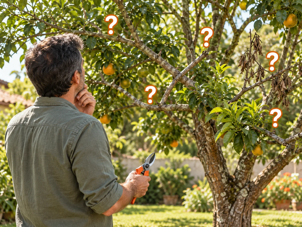 Pessoa diante de uma frutífera com uma tesoura de poda, em dúvida sobre quais galhos cortar